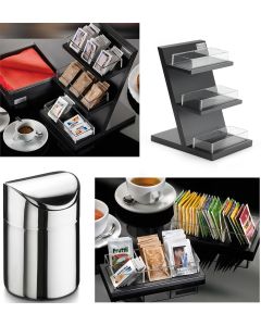 Espositori bustine 3 piani da tavolo e porta rifiuti