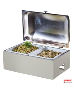 Chafing dish con 2 bacinelle in ceramica GN 1/2 e base acciaio C/Burro