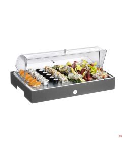 Piastra espositore acciaio inox refrigerata completa di base Carbone e cupola Caleido
