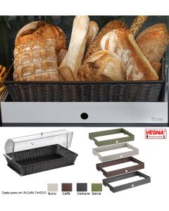 Espositore pane cesta in vimini wengè con cupola e base bassa in 4 colori