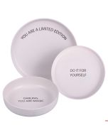 Servizio piatti da tavola set 3 pezzi in gres colore Crema con scritte